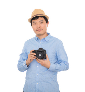 中国摄影师手拿照相机