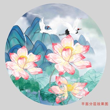 国潮山水荷花插画