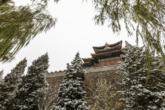 北京故宫角楼及城墙雪景