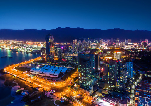 航拍连云港城市建筑夜景