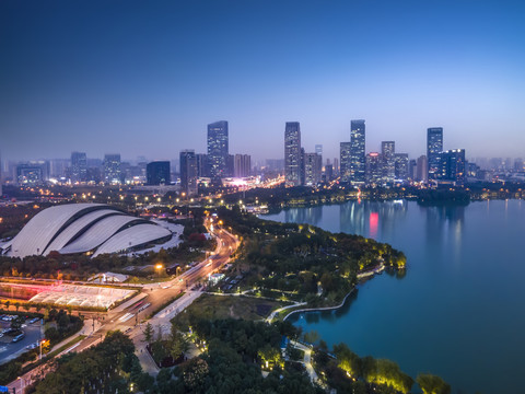 航拍合肥天鹅湖溿现代建筑夜景