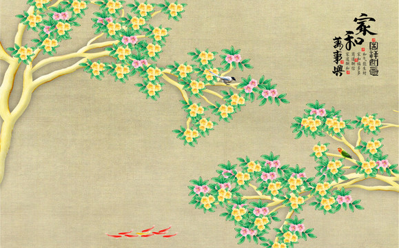 原创手绘花鸟电视墙