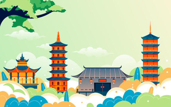 城市建筑中国风假期旅游景点插画