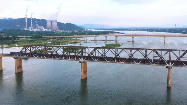 实拍火车经过京九铁路赣江大桥