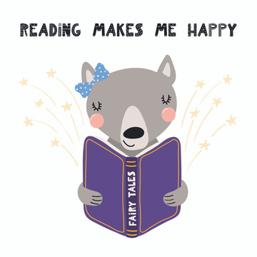 读书感到快乐的灰狼插图