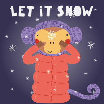 可爱猴子着大衣玩雪插图