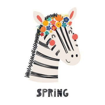 可爱斑马享受春天缤纷花卉插图