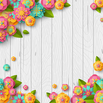 木纹背景花朵堆叠立体插画设计正方图