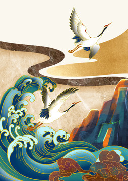 新中式仙鹤海浪装饰画客厅挂画
