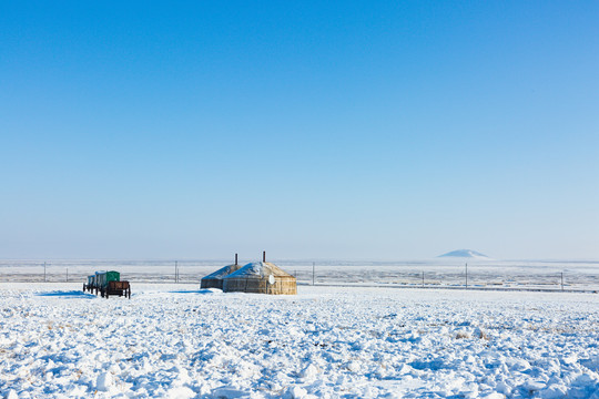 冬季草原蒙古包勒勒车