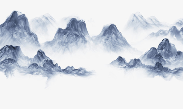 新中式蓝色意境山水画