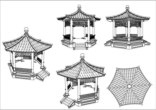 单层六角方亭立面图集合