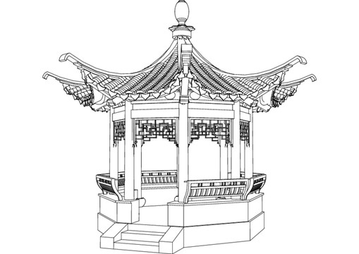 明清古建线描稿亭子