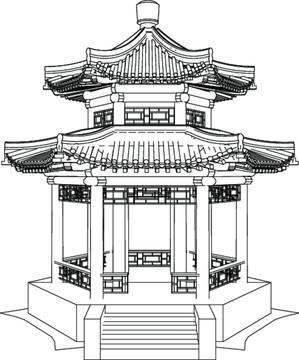 双层重檐六角亭线描