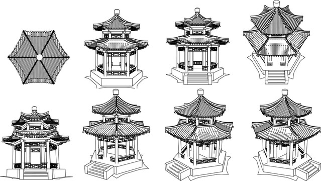 重檐六角亭立面图库