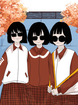 冬日少女插画三个学生女孩子