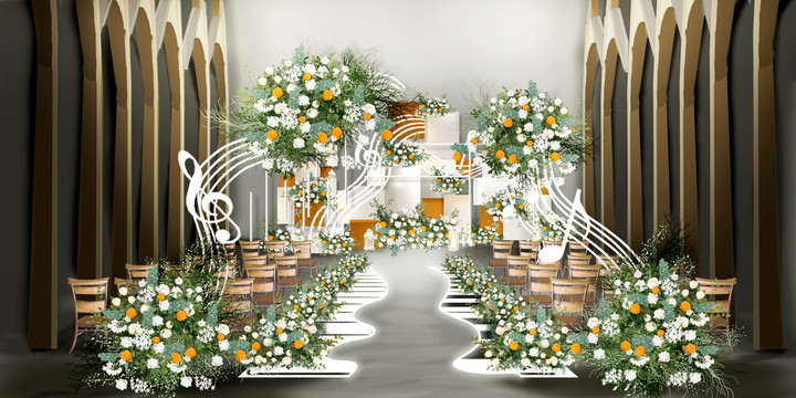 橙色白绿色婚礼手绘几何婚礼