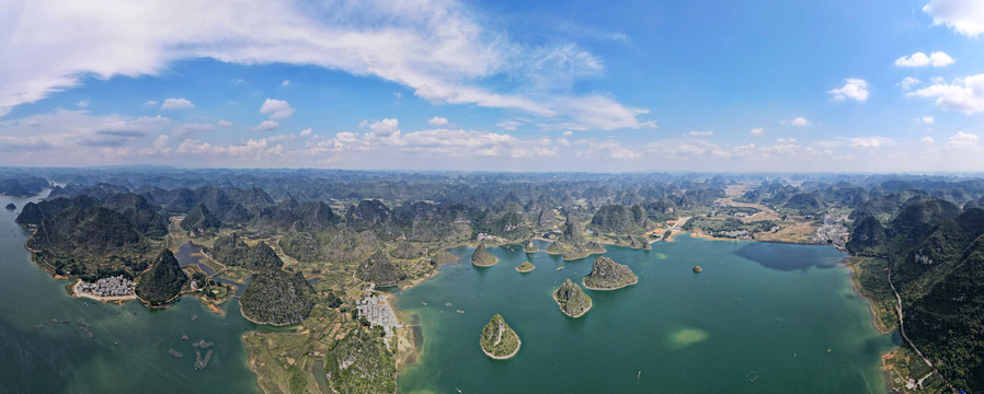 航拍广西百色靖西的水上喀斯全景