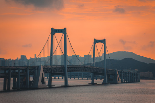 大连星海湾跨海大桥日落夕阳