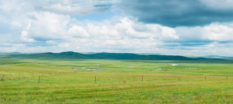 夏季草原牧场蒙古包河流