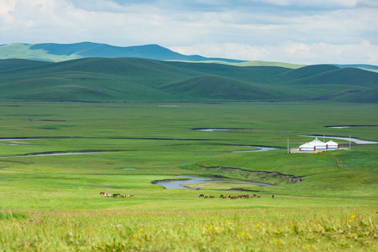 草原蒙古包河流马群