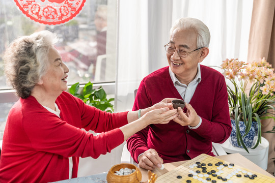 快乐的老年夫妇喝茶下围棋