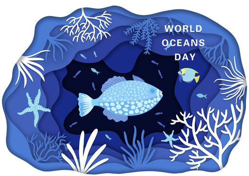 世界海洋日剪纸风插画