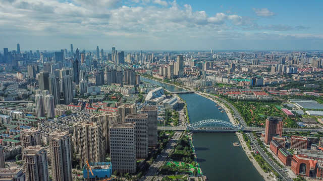 航拍天津海河两岸建筑风光