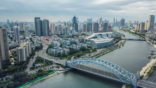 航拍天津海河两岸建筑风光