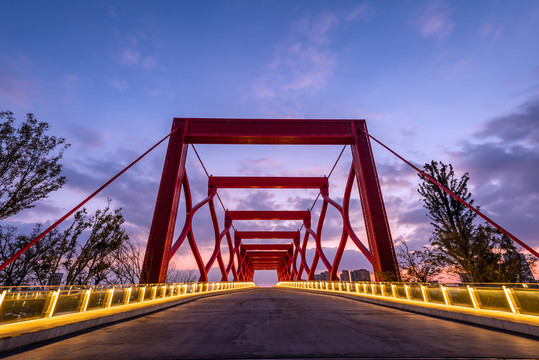 中国扬州运河三湾的剪影桥夜景