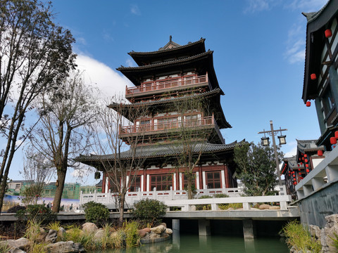 中式古建塔楼园林景观绿化