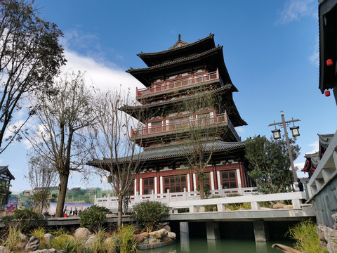 中式古建塔楼园林景观绿化