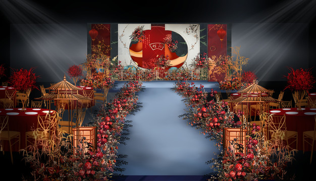 新中式蓝红撞色主舞台婚礼效果图