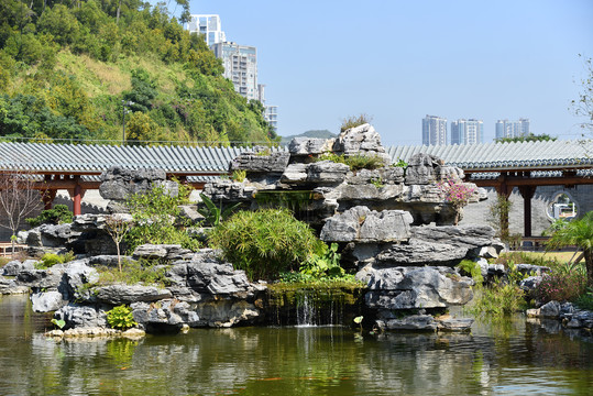 湖面假山