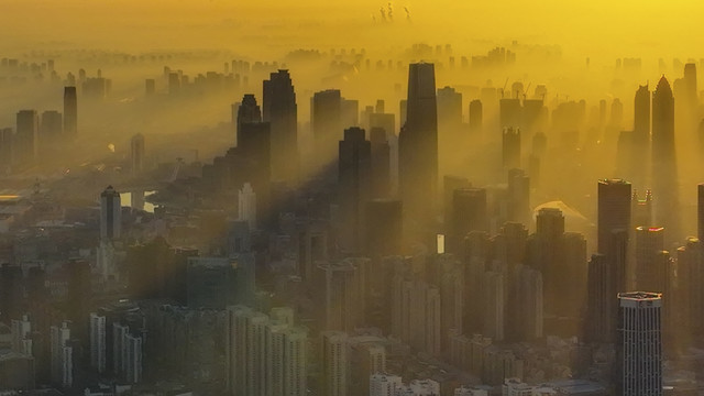 天津日出航拍美景平流雾