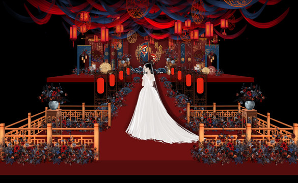 红蓝撞色新中式婚礼内场效果图
