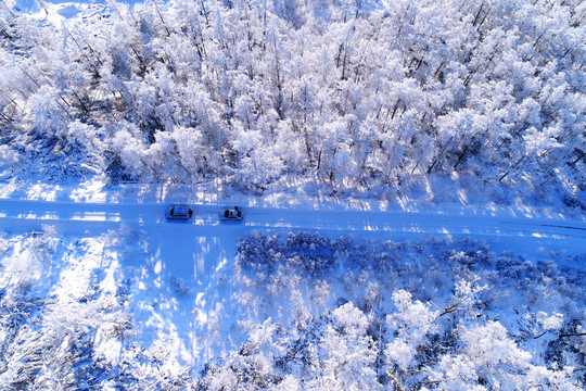 航拍大兴安岭林海雪原树林山路