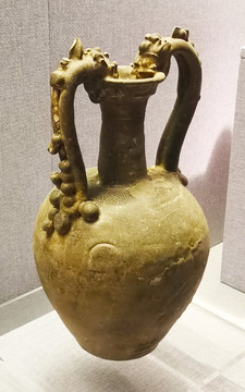 黑褐釉双龙尊