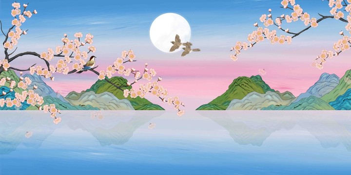 国潮花鸟山水壁画