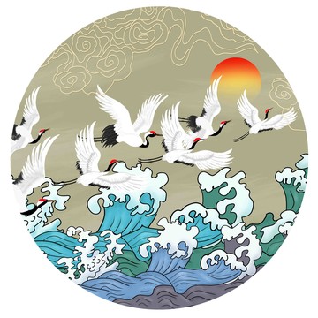 瑞鹤图国潮海浪插画