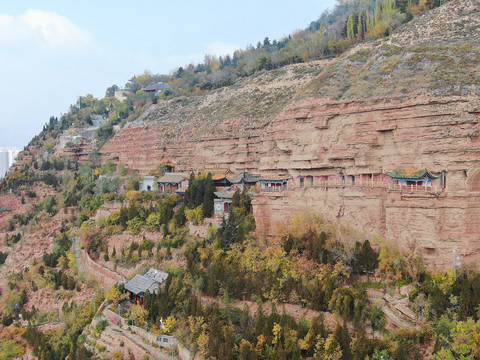 航拍青海西宁北山北禅寺土楼观