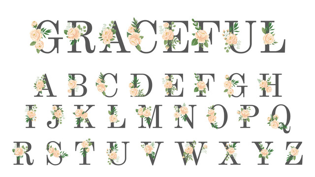 玫瑰装饰英文字母创意设计插图