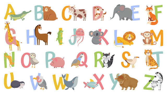 可爱动物字母插图