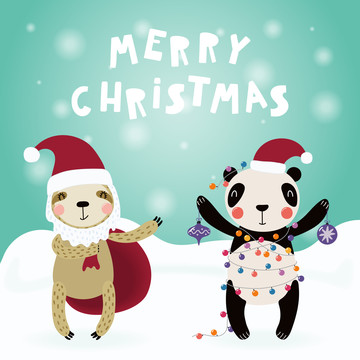 森林动物温馨圣诞节插图设计