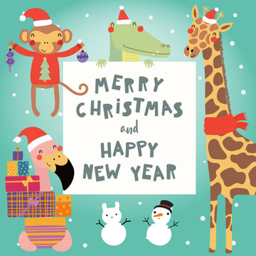 森林动物温馨圣诞节与跨年插图设计
