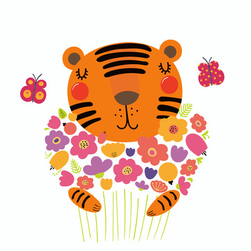 老虎拥抱鲜艳花卉插图