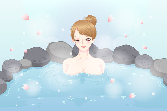 少女沉浸在樱花温泉插图