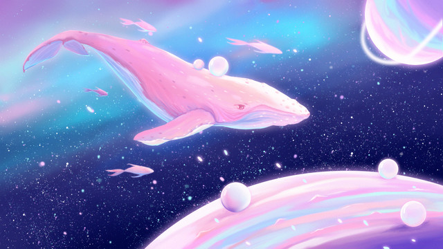 宇宙星空中的鲸鱼治愈插画