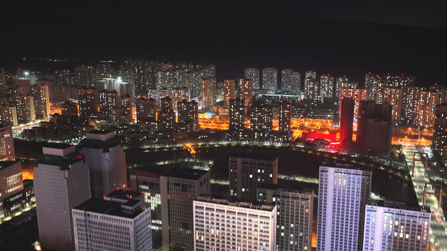 航拍青海西宁海湖新区御3夜景