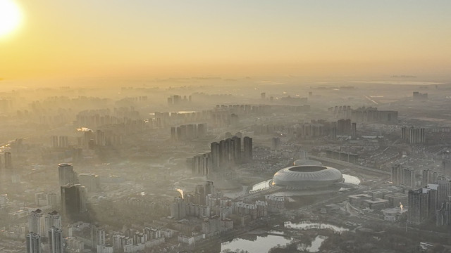 天津天塔奥体日出城市美景航拍